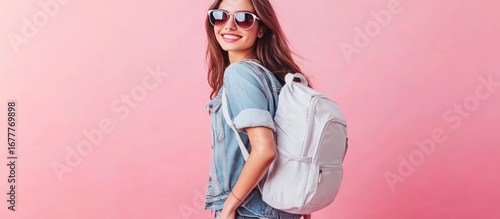 Woman with sunglasses and backpack smiles on a pink background, wearing denim jacket