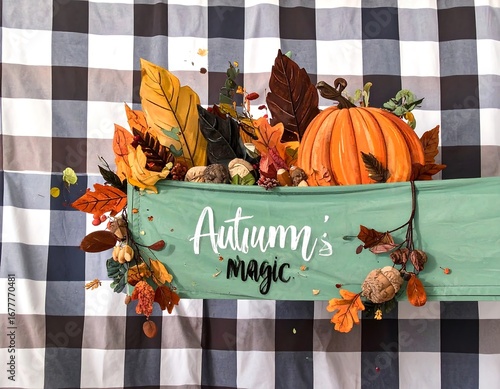 Autumn leaves and pumpkin on a teal fabric