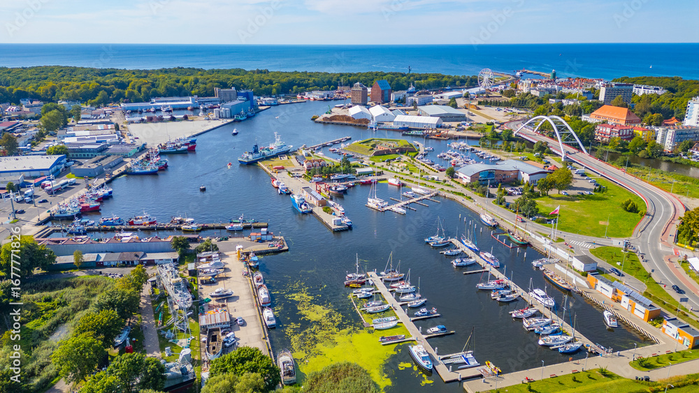 Αυτοκόλλητο Panorama view of marina in Kolobrzeg, Poland