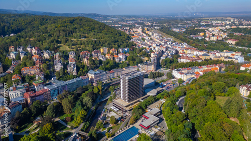 Bilde på lerret panorama view of Tepla river and Thermal hotel in karlovy Vary,