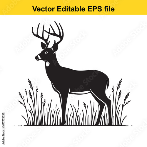 A whitetail black silhouette of a majestic deer standing in tall grass, isolated on white background