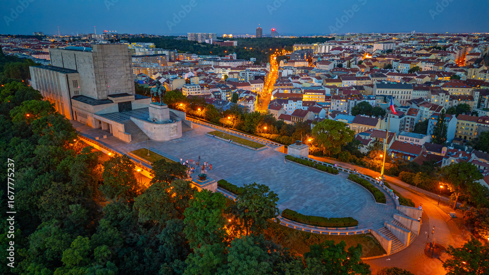 Naklejka premium Sunset panorama view of Vitkov memorial in Prague, Czech republi