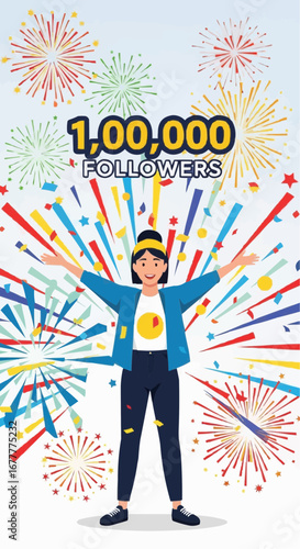 Content creator, digital influencer, stream vector  celebrate one million followers milestone achievement with fireworks and confetti social media success