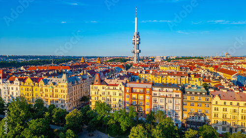 Tableau sur toile Sunset panorama view of Zizkov TV tower overlooking Prague, Czec