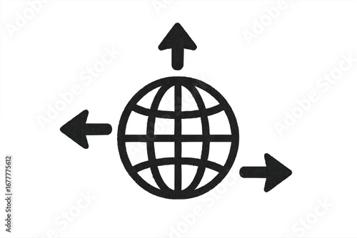 Conectividade de rede global ilustrada com setas direcionais originadas de um ícone de terra estilizado