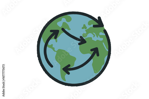 Dynamic global connection network symbolized by arrows circling a stylized Earth illustration