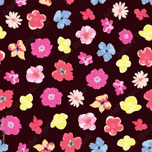 Hand drawn bloom, flower heads seamless repeat pattern. Random placed, vector botany aop, all over surface print on dark red background.