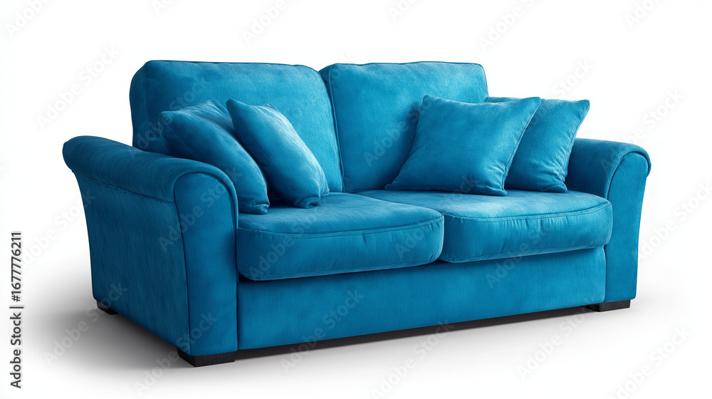 Fototapeta premium A relaxing blue couch enhances a modern living room, offering comfort, style, and a vibrant pop of color indoors.