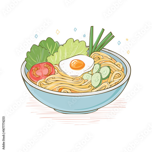 Delicious Noodle Bowl with Fried Egg and Fresh Vegetables Vector Illustration