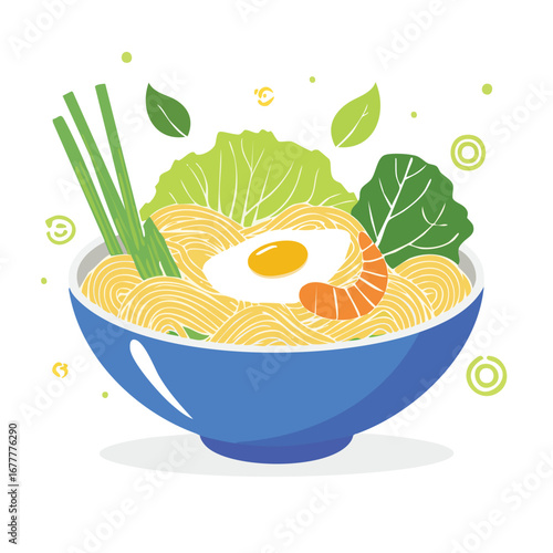 Vibrant Noodle Bowl with Egg and Shrimp Illustration Vector Illustration