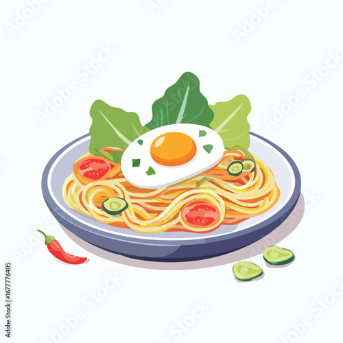 Delicious Noodle Dish with Fried Egg Vector Illustration