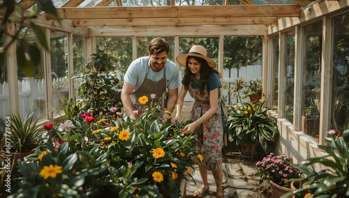 Man with gentle facial features and medium brown skin and woman with bright smile and fair skin take care of lush green plants and vibrant flowers, gardening together in a tiny cozy orangery 