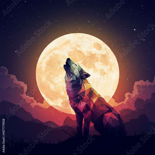Wolf howling at the moon, body fragmented into polygonal shapes filled with watercolor gradients
