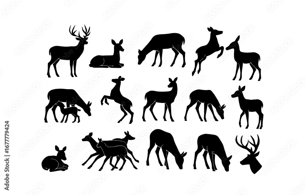 Fototapeta premium Elegant deer silhouettes: graceful wildlife in minimalist black style