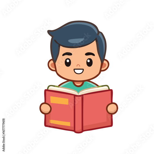 A young boy happily immersed in reading a book. He appears to be engrossed in his studies