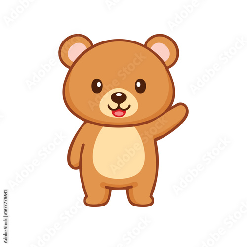 A cute cartoon bear waving its hand with a welcoming expression. The bear has a friendly and approachable demeanor