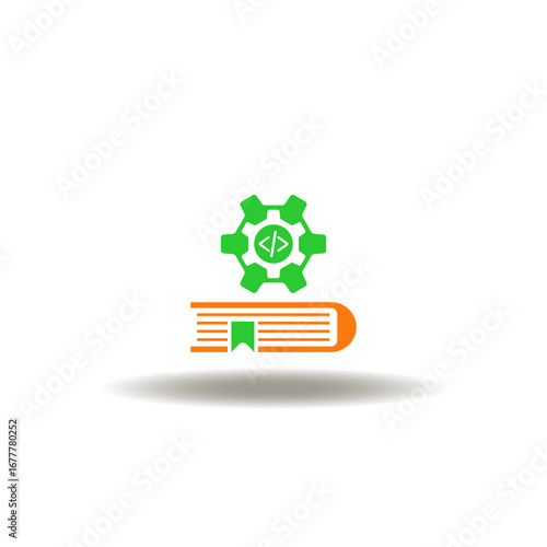 Vector illustration of book and gears with code. Sign of coding programming education. Icon of machine learning software. Symbol of LLM Large Language Model AI Technology.