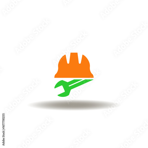 Vector illustration of hard hat with wrench. Symbol of repair and renovation. Icon of technical service.