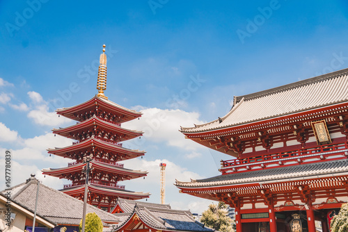 Sensō-ji Temple in Asakusa, Tokyo, Japan. Pagoda. Travel to Japan. Iconic Buddhist temple and cultural monument.