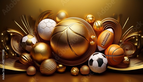 banner sports ball soccer basketball football and gold 3d render illustratio