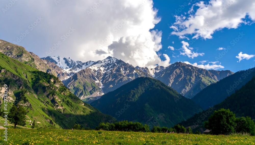 Fototapeta premium Majestic mountain range with wildflowers