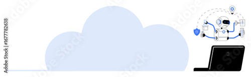 AI-powered robot interacting with cloud and laptop, symbolizing innovative data management. Ideal for technology, automation, cloud computing, AI integration, data security, connectivity, simple flat