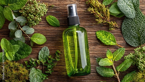 Green spray bottle surrounded by fresh herbs