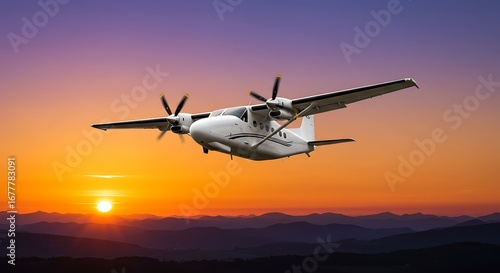 Wallpaper Mural Turboprop aircraft soars against a breathtaking vista of sunset painted skies and layered mountains Torontodigital.ca