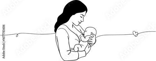 mother and child, line art drawing of woman is breastfeeding a child drawn picture silhouette. Line art. character mother feeds a newborn baby. Mothers day illustration