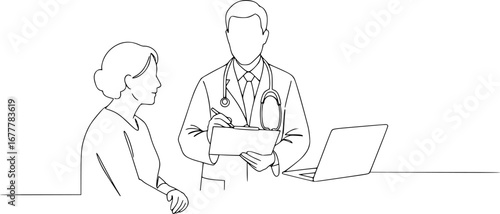 vector line art drawing of doctor consulting patient

