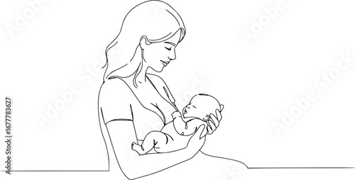 mother and child, line art drawing of woman is breastfeeding a child drawn picture silhouette. Line art. character mother feeds a newborn baby. Mothers day illustration