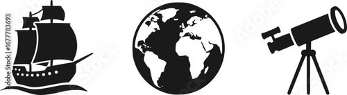 Simple Vector Icons of Ship, Earth, and Telescope for Global Exploration
