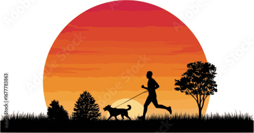 Silhouette of Running Person With Dog on Leash Outdoor Scene
