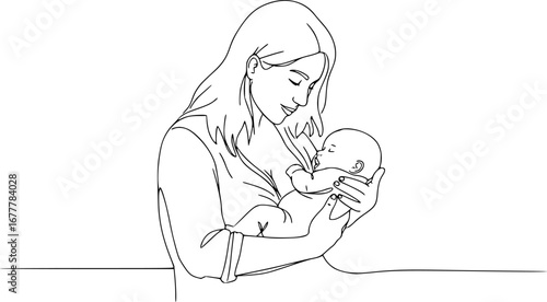 mother and child, line art drawing of woman is breastfeeding a child drawn picture silhouette. Line art. character mother feeds a newborn baby. Mothers day illustration
