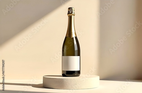 Champagne Bottle Mockup on Textured round Pedestal and arch. minimal studio background with sun light and shadows on wall
