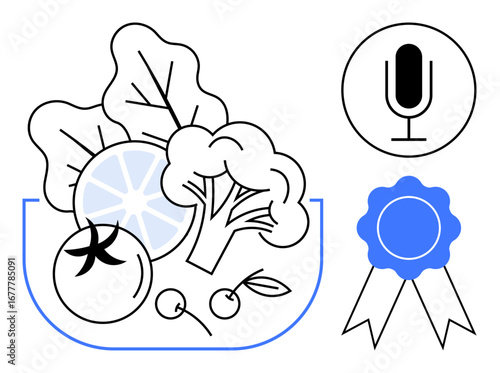Fresh vegetables and fruits with leafy greens, lemon, and tomatoes paired with microphone and award ribbon. Ideal for health, nutrition, communication, recognition, quality, podcast simple landing