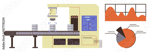 Industrial conveyor with robotic equipment handling items, accompanied by analytical charts featuring production data and metrics. Ideal for automation, technology, production, efficiency, business