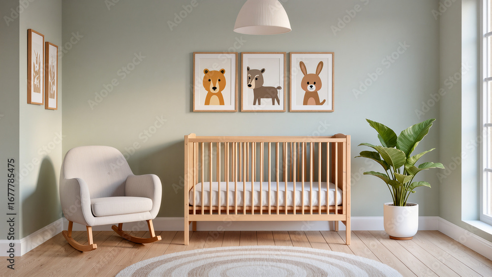 Fototapeta A cozy, modern baby nursery with soft green walls. A wooden crib stands in the center, flanked by a rocking chair and a leafy plant. The wall art with animal prints adds a playful, charming touch.