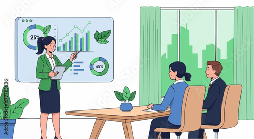 Content creator, digital influencer, stream vector  business presentation on environmental sustainability and growth strategy for investors team