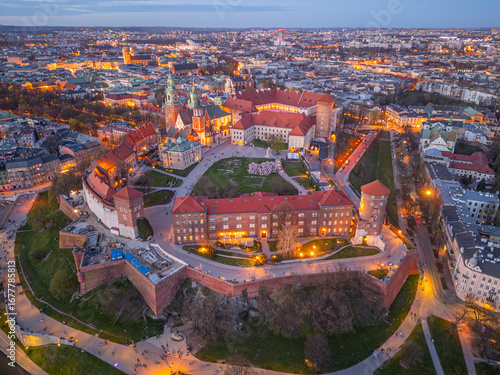 Sunset aerial view of the Wawel castle in the polish city Krakow