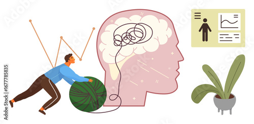 Man untangling yarn connected to a brain illustration symbolizing problem-solving, productivity, and focus. Ideal for psychology, self-improvement, strategy, education, mental health, stress