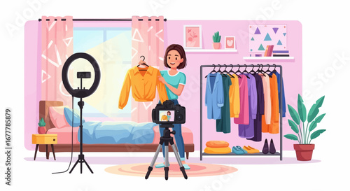 Content creator, digital influencer, stream vector  fashion influencer creating content with ring light and camera for online clothing store promotion video