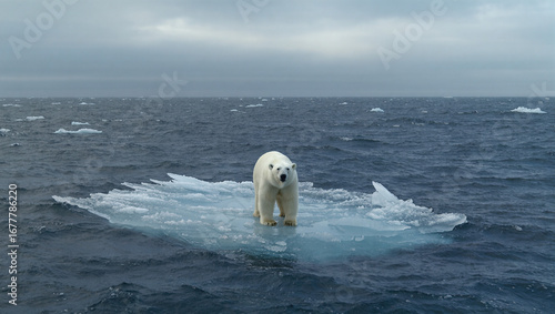 A polar bear stands alone on a small, isolated piece of ice in the middle of a vast, dark ocean. This powerful image is a symbol of global warming, climate change, and the threat to Arctic wildlife.