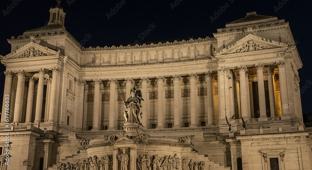 Obraz premium Monumental architecture featuring ornate columns, statues, and classical design under a dark sky