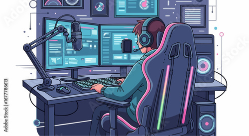 Content creator, digital influencer, stream vector  illustrative gamer streamer setup with microphone headphones and gaming pc for online streaming and esports