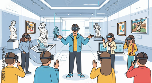 Content creator, digital influencer, stream vector  explore virtual reality museum tour experience with vr headsets and art gallery interactive exhibits tour