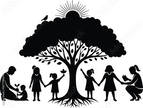 Illustration of a tree with people holding hands, representing community, education, and growth.