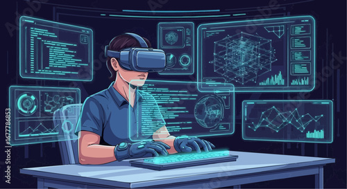 Content creator, digital influencer, stream vector  virtual reality developer coding in vr metaverse with augmented reality glasses and keyboard interface