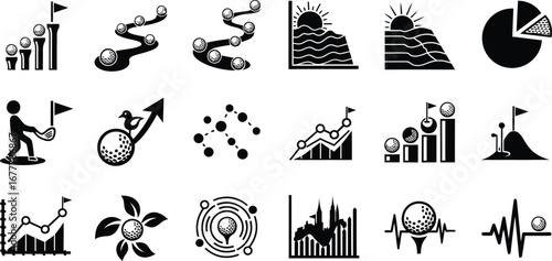A collection of 15 black and white icons representing business growth, progress, and golf-related concepts, including charts, graphs, golf balls, and abstract representations of development.