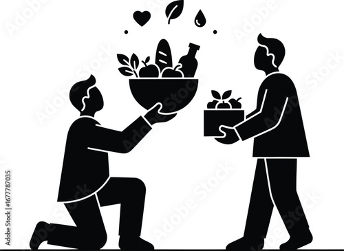Two men exchanging food, symbolizing donation and community support.
